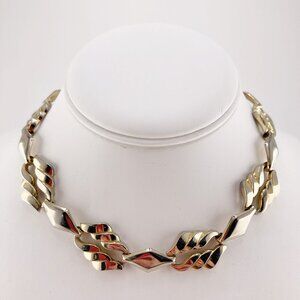 VINTAGE Silvery gold all-metal diamond and wavy cloud shaped choker necklace